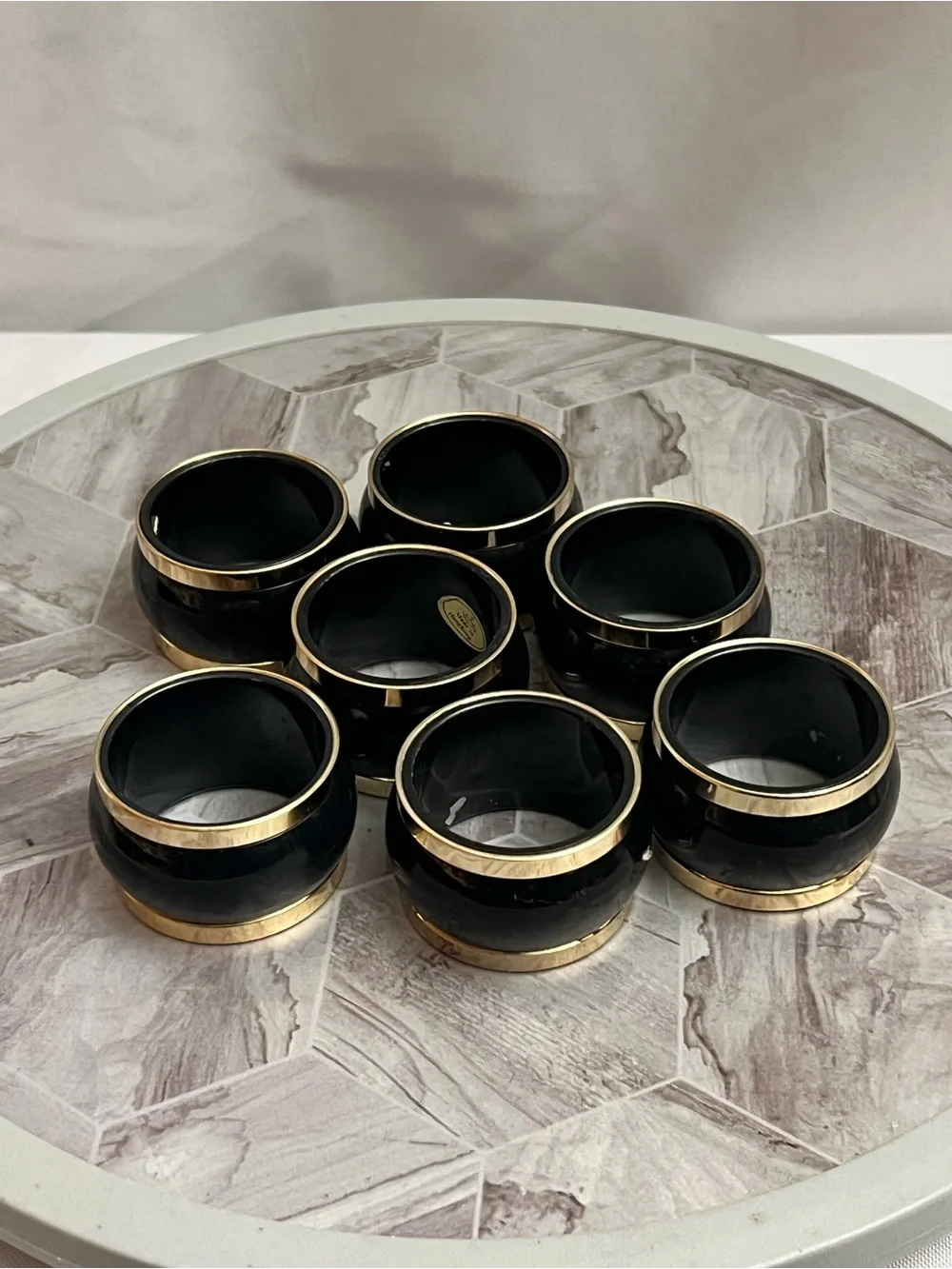 Vintage Black & Gold Napkin Rings Set of 7 Made in Hong Kong
